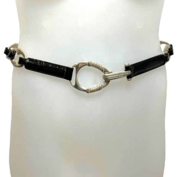 B30943 Black Leather Silver Oval Chunky Chain Belt Hook Closure By Brighton, Size: 36 Online now