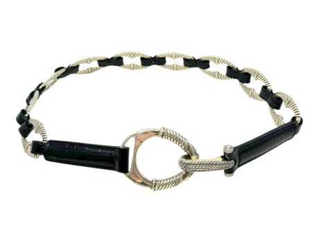 B30943 Black Leather Silver Oval Chunky Chain Belt Hook Closure By Brighton, Size: 36 Online now