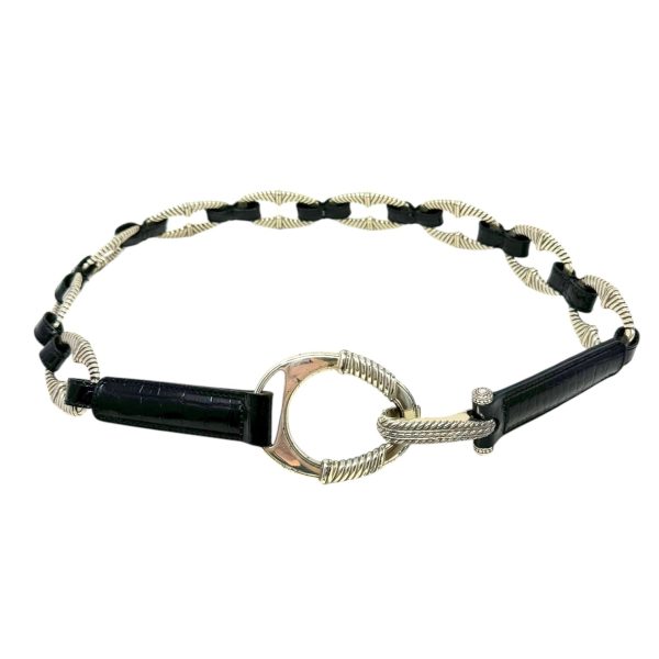 B30943 Black Leather Silver Oval Chunky Chain Belt Hook Closure By Brighton, Size: 36 Online now